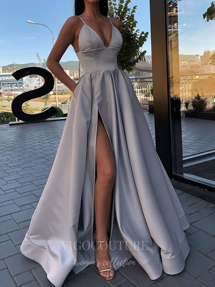 vigocouture-Satin A-Line Spaghetti Strap Prom Dress 20602-Prom Dresses-vigocouture-Silver-US2-