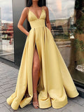 vigocouture-Satin A-Line Spaghetti Strap Prom Dress 20602-Prom Dresses-vigocouture-Yellow-US2-