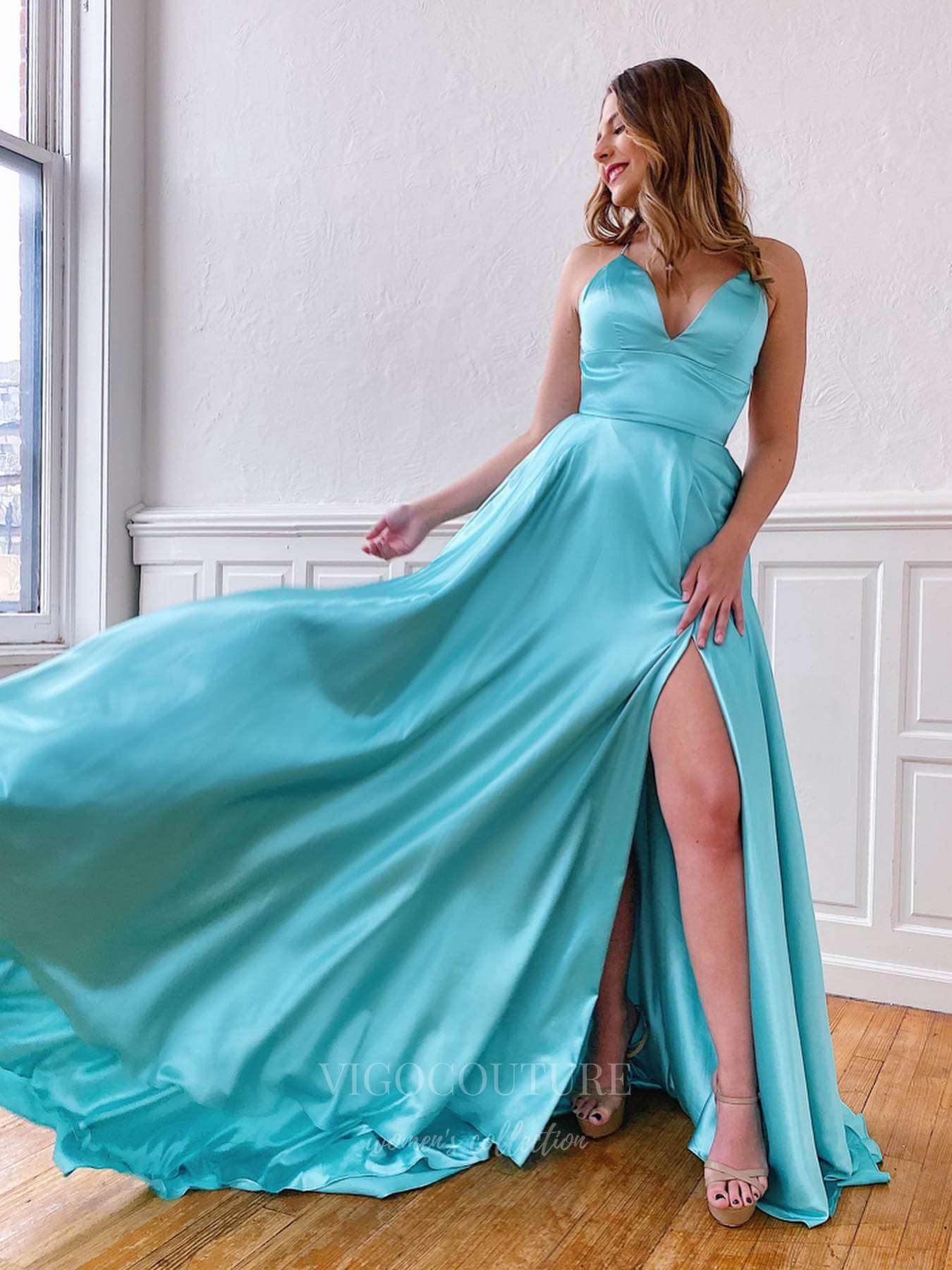 vigocouture-Satin A-Line Spaghetti Strap Prom Dress 20816-Prom Dresses-vigocouture-Turquoise-US2-