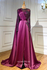 Satin Beaded Sheath Formal Dresses Long Sleeve Prom Dress 21609