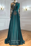 vigocouture-Satin Beaded Sheath Formal Dresses Long Sleeve Prom Dress 21615-Prom Dresses-vigocouture-Green-US2-