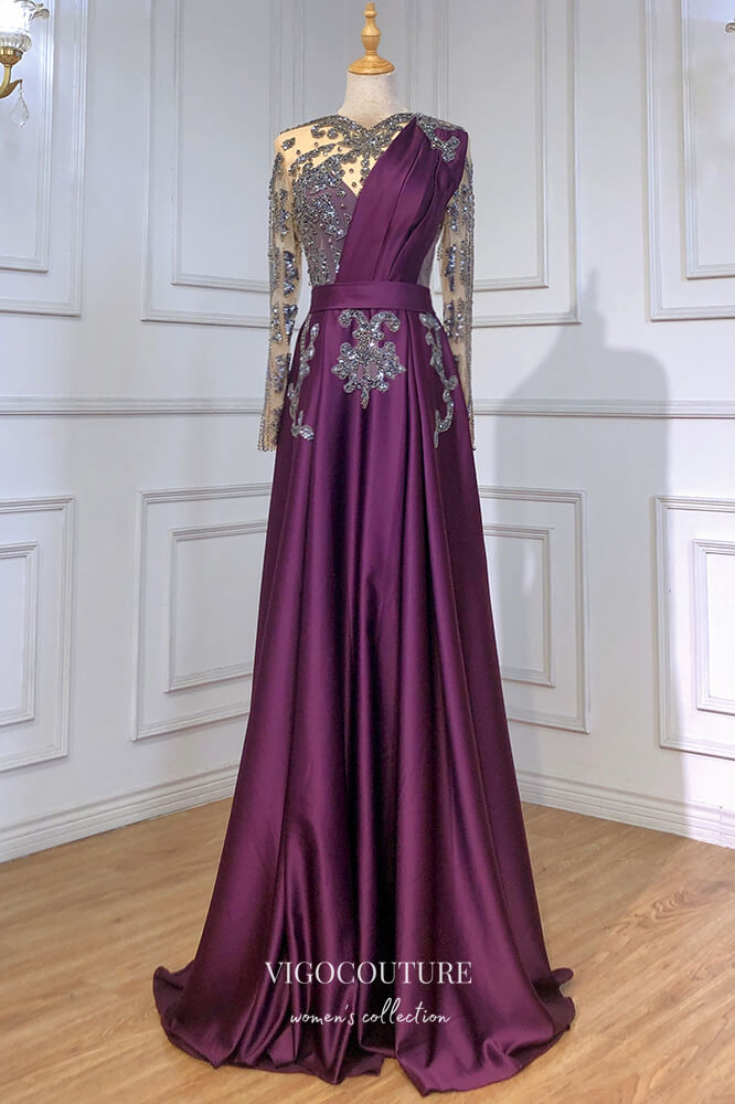 vigocouture-Satin Beaded Sheath Formal Dresses Long Sleeve Prom Dress 21615-Prom Dresses-vigocouture-Purple-US2-