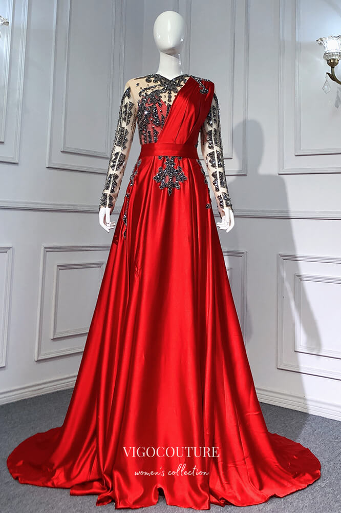vigocouture-Satin Beaded Sheath Formal Dresses Long Sleeve Prom Dress 21615-Prom Dresses-vigocouture-Red-US2-