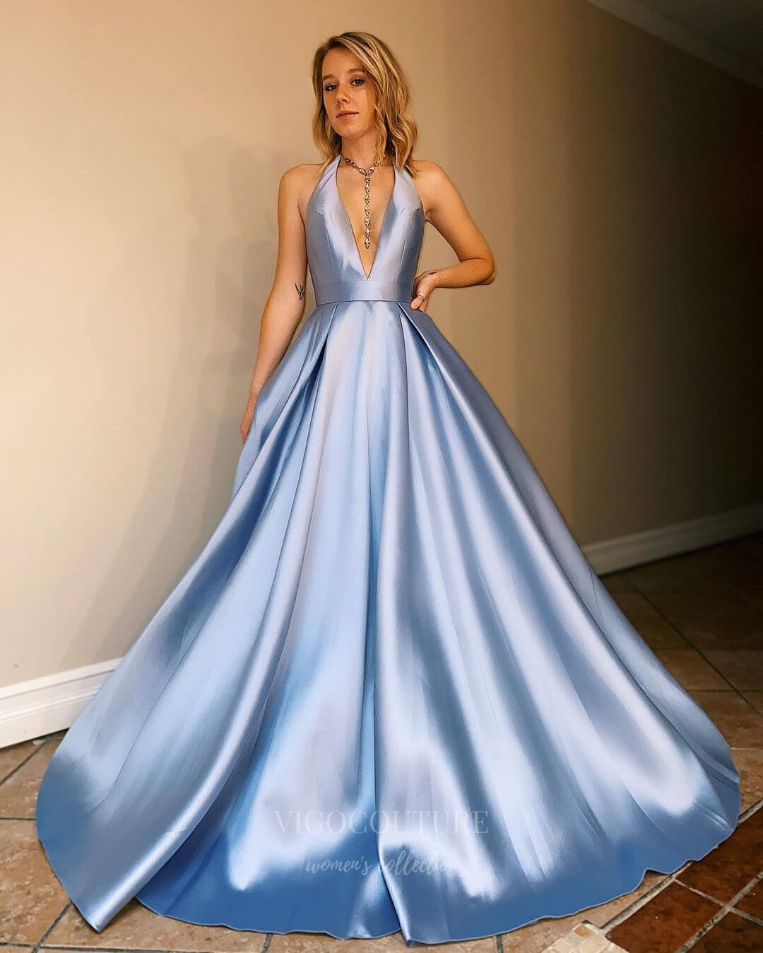 vigocouture-Satin Halter Neck A-Line Prom Dress 20837-Prom Dresses-vigocouture-Light Blue-US2-