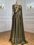 vigocouture-Satin Lace Applique Prom Dresses Long Sleeve Formal Dresses 21281-Prom Dresses-vigocouture-