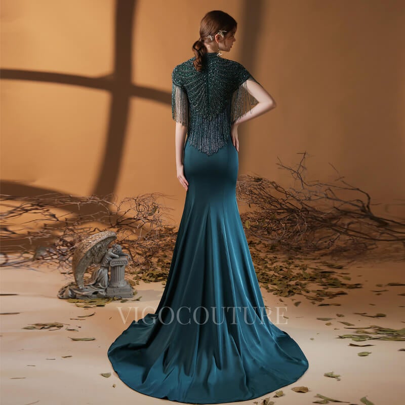vigocouture-Satin Mermaid Cap Sleeve Beaded Prom Dresses 20022-Prom Dresses-vigocouture-