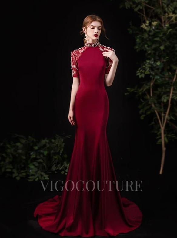 vigocouture-Satin Mermaid High Neck Prom Dress 20083-Prom Dresses-vigocouture-Dark Red-US2-