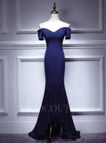 vigocouture-Satin Mermaid Prom Dress 2022 Off the Shoulder Prom Gown-Prom Dresses-vigocouture-Navy Blue-US2-