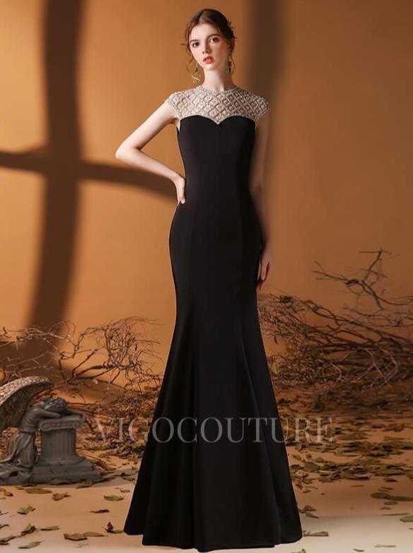vigocouture-Satin Mermaid Prom Dresses Round Neck 20114-Prom Dresses-vigocouture-Black-US2-