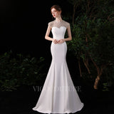 vigocouture-Satin Mermaid Prom Dresses Round Neck 20114-Prom Dresses-vigocouture-Ivory-US2-
