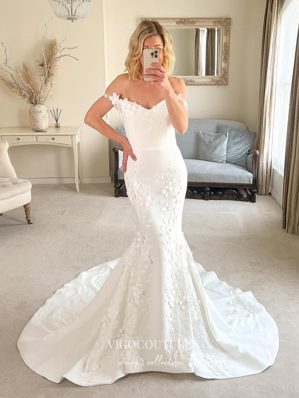 Satin Off the Shoulder Wedding Dresses Lace Applique Mermaid Bridal Dresses  W0066 - As Pictured / US2