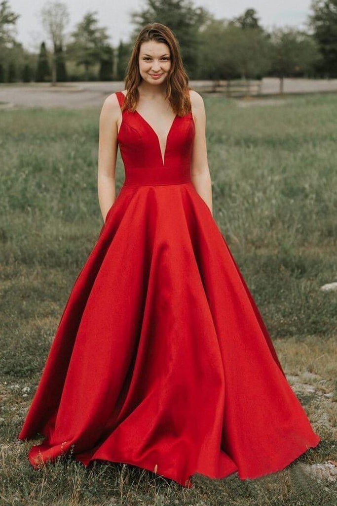 vigocouture-Satin Plunging V-Neck Prom Dress 20375-Prom Dresses-vigocouture-Red-US2-