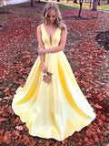 vigocouture-Satin Plunging V-Neck Prom Dress 20375-Prom Dresses-vigocouture-Yellow-US2-