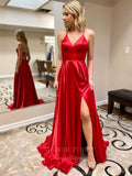 vigocouture-Satin Spaghetti Strap V-Neck Prom Dress 20952-Prom Dresses-vigocouture-Red-US2-