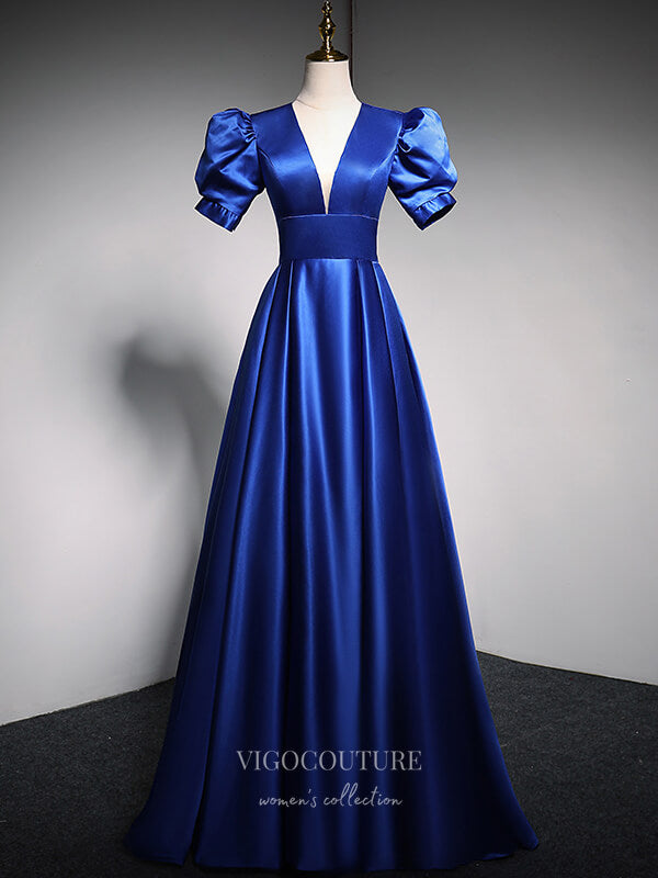 vigocouture-Satin Puffed Sleeve Prom Dress 2022 Plunging V-Neck 20329-Prom Dresses-vigocouture-Blue-US2-