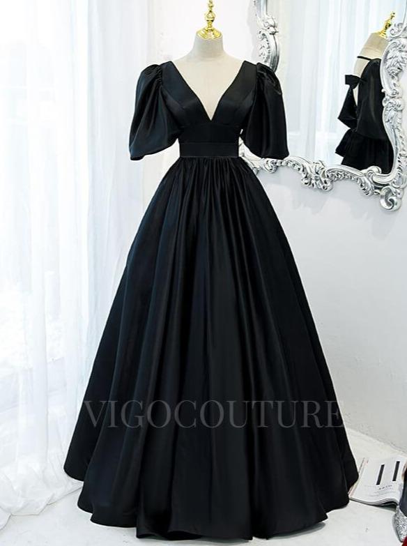 vigocouture-Satin Puffed Sleeve Prom Dress 2022 V-Neck 20346-Prom Dresses-vigocouture-Black-US2-