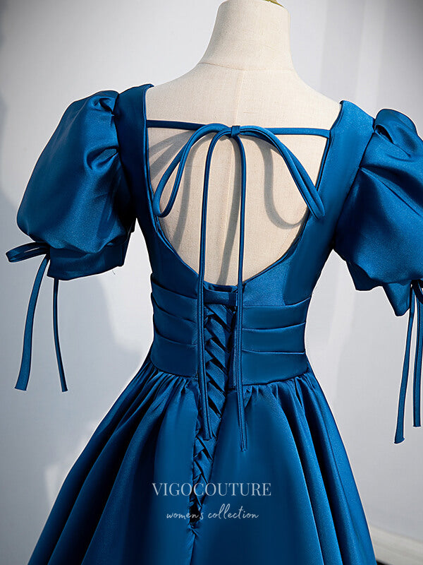 vigocouture-Satin Puffed Sleeve Prom Dress Plunging V-Neck Formal Dresses 21330-Prom Dresses-vigocouture-