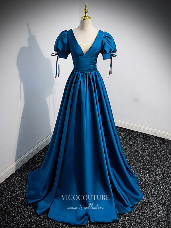 vigocouture-Satin Puffed Sleeve Prom Dress Plunging V-Neck Formal Dresses 21330-Prom Dresses-vigocouture-Blue-US2-