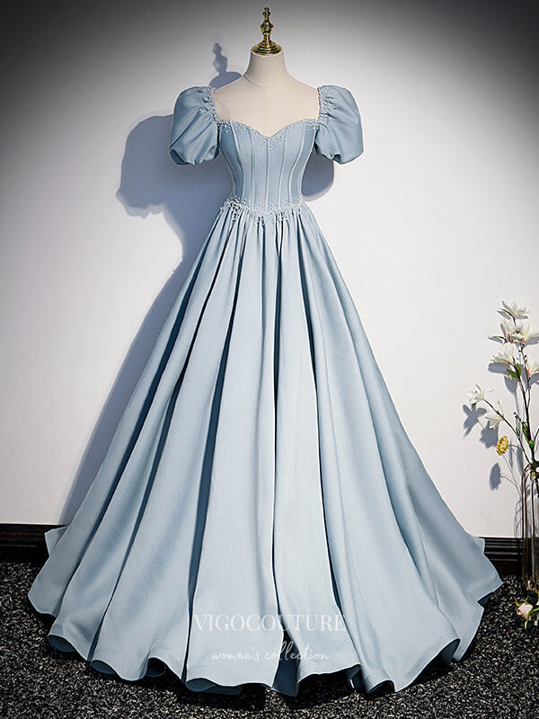 vigocouture-Satin Puffed Sleeve Prom Dress Sweetheart Neck Formal Dresses 21339-Prom Dresses-vigocouture-Light Blue-US2-