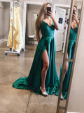 vigocouture-Satin Spaghetti Strap V-Neck Prom Dress 20618-Prom Dresses-vigocouture-Green-US2-