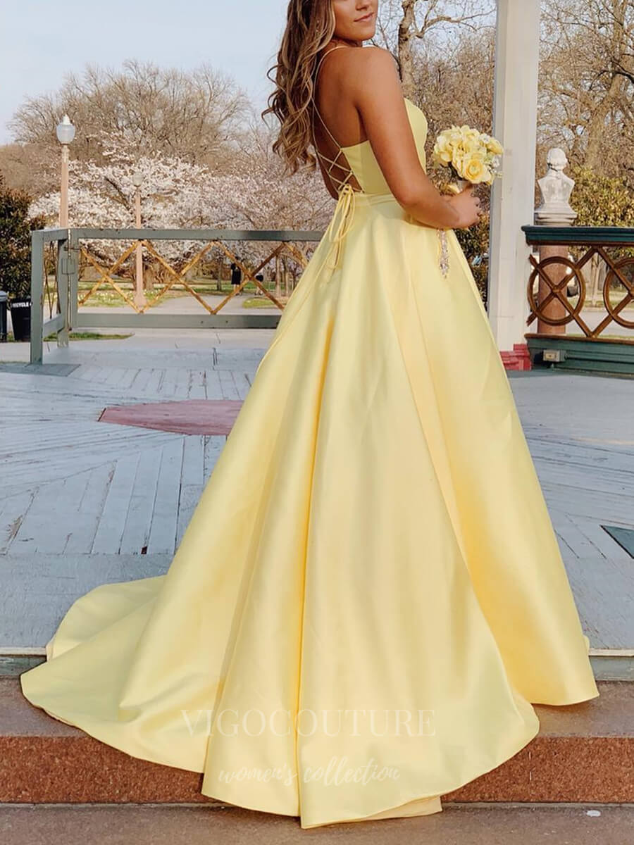 vigocouture-Satin V-Neck A-Line Spaghetti Strap Prom Dress 20617-Prom Dresses-vigocouture-Yellow-US2-
