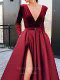 vigocouture-Satin Velvet Long Sleeve A-Line Prom Dress 20605-Prom Dresses-vigocouture-