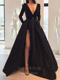 vigocouture-Satin Velvet Long Sleeve A-Line Prom Dress 20605-Prom Dresses-vigocouture-Black-US2-