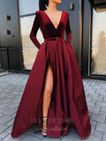 vigocouture-Satin Velvet Long Sleeve A-Line Prom Dress 20605-Prom Dresses-vigocouture-Burgundy-US2-