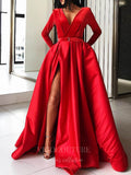 vigocouture-Satin Velvet Long Sleeve A-Line Prom Dress 20605-Prom Dresses-vigocouture-Red-US2-