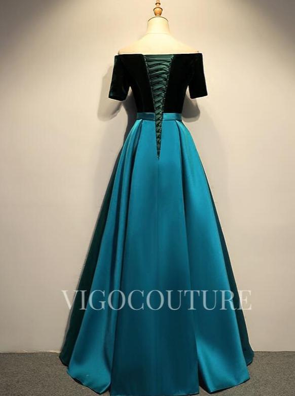 vigocouture-Satin Velvet Prom Gown Off the Shoulder Prom Dress 20287-Prom Dresses-vigocouture-