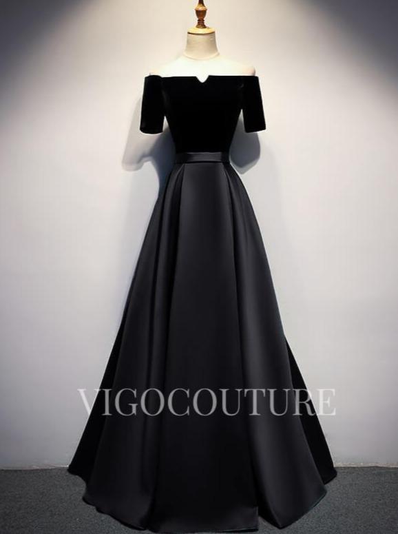 vigocouture-Satin Velvet Prom Gown Off the Shoulder Prom Dress 20287-Prom Dresses-vigocouture-Black-US2-
