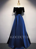 vigocouture-Satin Velvet Prom Gown Off the Shoulder Prom Dress 20287-Prom Dresses-vigocouture-Navy Blue-US2-