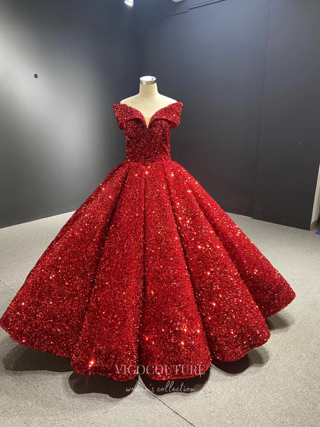 vigocouture-Sequin Ball Gown Off the Shoulder Formal Dresses 66536-Prom Dresses-vigocouture-Red-Custom Size-