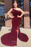 vigocouture-Sequin Mermaid Prom Dresses One Shoulder Formal Dresses 21586-Prom Dresses-vigocouture-Burgundy-US2-