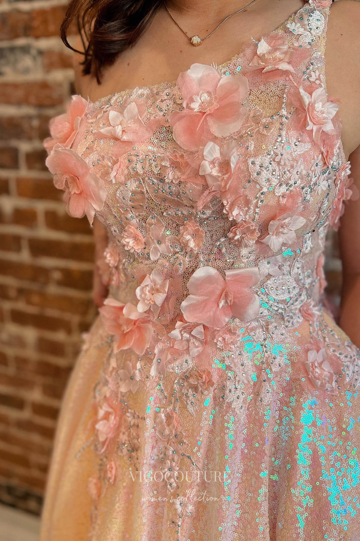 Shimmer and Shine in our Pink One Shoulder Sequin Prom Dress with 3D Flower Detail 22192-Prom Dresses-vigocouture-Pink-Custom Size-vigocouture