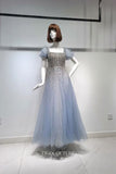 Shimmering Beaded Tea-Length Prom Dress with Puffed Sleeve and Square Neck 22255