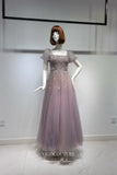 Shimmering Beaded Tea-Length Prom Dress with Puffed Sleeve and Square Neck 22255-Prom Dresses-vigocouture-Mauve-US2-vigocouture