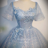 Shimmering Floral Prom Ball Gown with Puffed Sleeve 22311-Prom Dresses-vigocouture-Dusty Blue-Custom Size-vigocouture