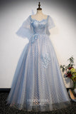 Shimmering Floral Prom Ball Gown with Puffed Sleeve 22311-Prom Dresses-vigocouture-Dusty Blue-Custom Size-vigocouture