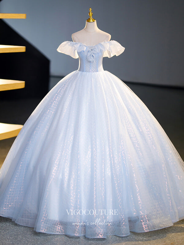 Shimmering Light Blue Prom Dresses Off the Shoulder Quinceanera Dress 22349-Prom Dresses-vigocouture-Light Blue-Custom Size-Ball Gown-vigocouture