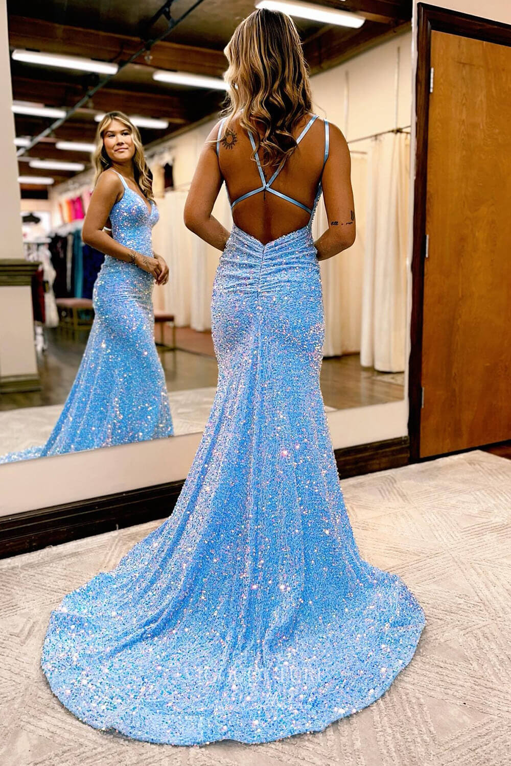Shimmering Light Blue Sequin Mermaid Prom Dress Spaghetti Strap a vigocouture