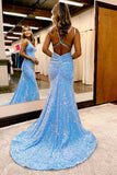 Shimmering Light Blue Sequin Mermaid Prom Dress with Spaghetti Strap and Corset Back 22229-Prom Dresses-vigocouture-Light Blue-Custom Size-vigocouture
