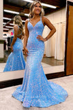 Shimmering Light Blue Sequin Mermaid Prom Dress with Spaghetti Strap and Corset Back 22229
