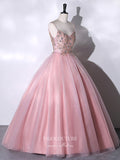 Shimmering Pink Beaded Prom Ball Gown with Spaghetti Strap 22308-Prom Dresses-vigocouture-Pink-Custom Size-vigocouture