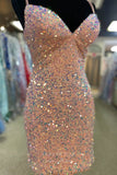 Shimmering Pink Mermaid Sequin Homecoming Dress with Sweetheart Neck and Spaghetti Strap hc245-Prom Dresses-vigocouture-Pink-US0-vigocouture