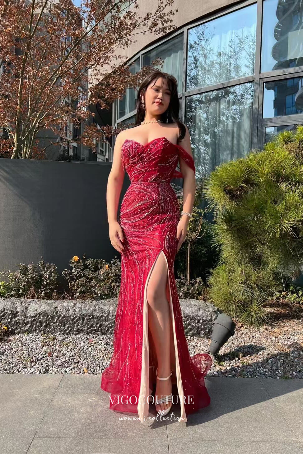 Shimmering Red Beaded Mermaid Prom Dress with Sweetheart Neck and High Slit 22248-Prom Dresses-vigocouture-Red-US2-vigocouture