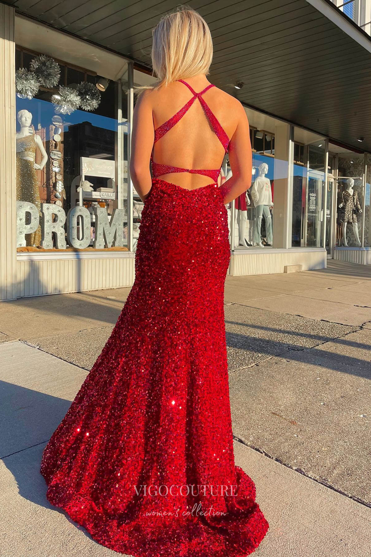 Shimmering Red Sequin Mermaid Prom Dress with Plunging V-Neck and High –  vigocouture