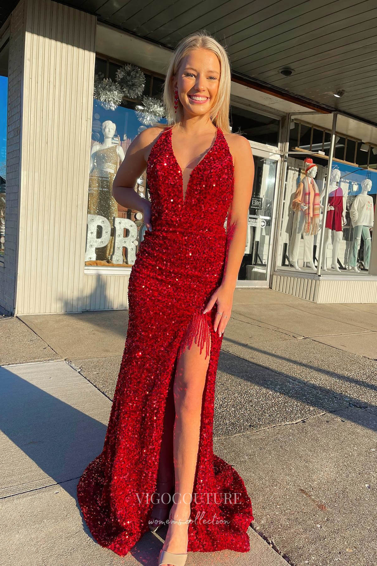 Shimmering Red Sequin Mermaid Prom Dress with Plunging V-Neck and High Slit 22208-Prom Dresses-vigocouture-Red-Custom Size-vigocouture