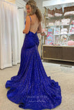 Shimmering Royal Blue Sequin Mermaid Prom Dress with Spaghetti Strap and High Slit 22207-Prom Dresses-vigocouture-Royal Blue-Custom Size-vigocouture
