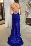 Shimmering Royal Blue Sequin Mermaid Prom Dress with Spaghetti Strap and High Slit 22211-Prom Dresses-vigocouture-Royal Blue-Custom Size-vigocouture